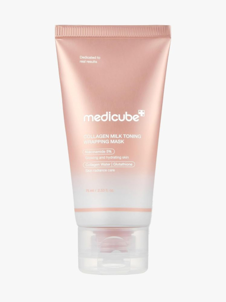 Medicube Collagen Milk Toning Wrapping Mask in branded tube component on a light gray background