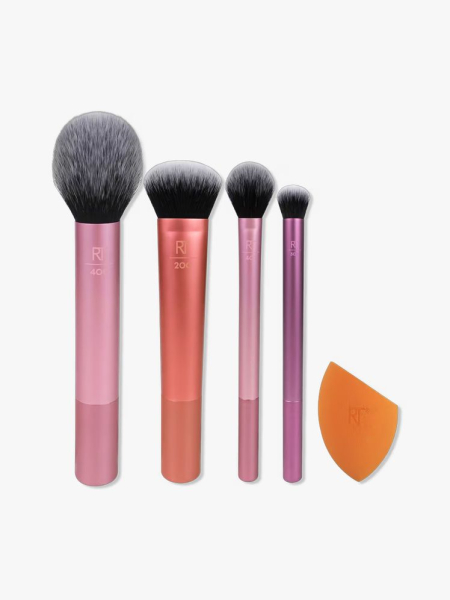 Real Techniques Everyday Essentials Makeup Brush & Sponge Set in branded components on a light gray background